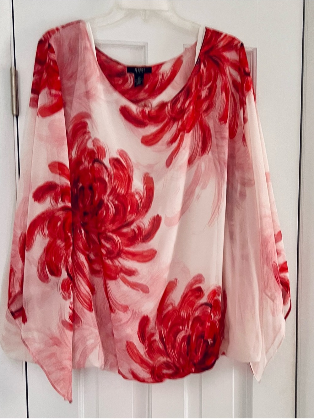 Alfani Red and White Sheer Floral Blouse - Women's Top